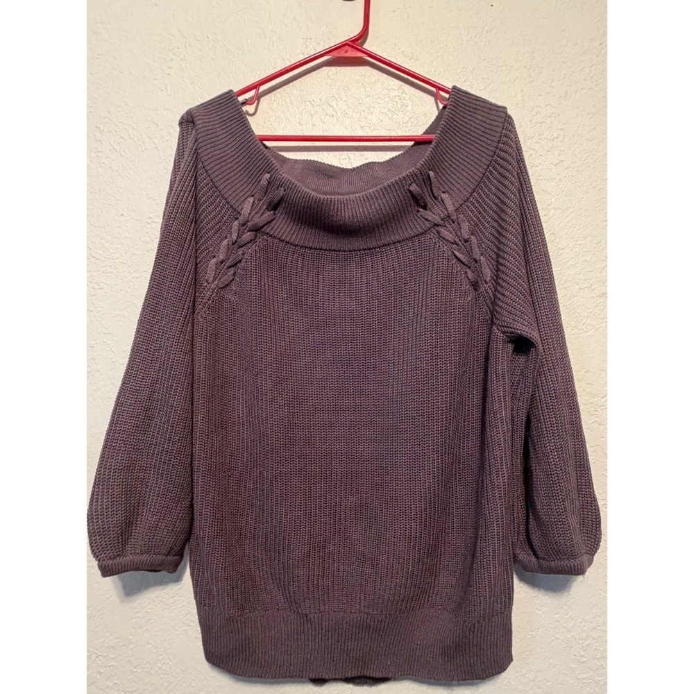 Soho Jeans New York & Company Purple Lace Up Shoulder Shaker Knit Sweater Large